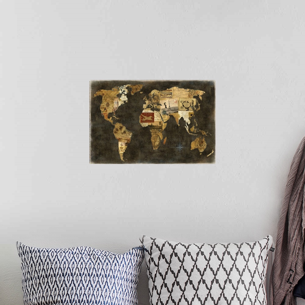 A bohemian room featuring Map of the world created with travel stickers and handwritten letters.