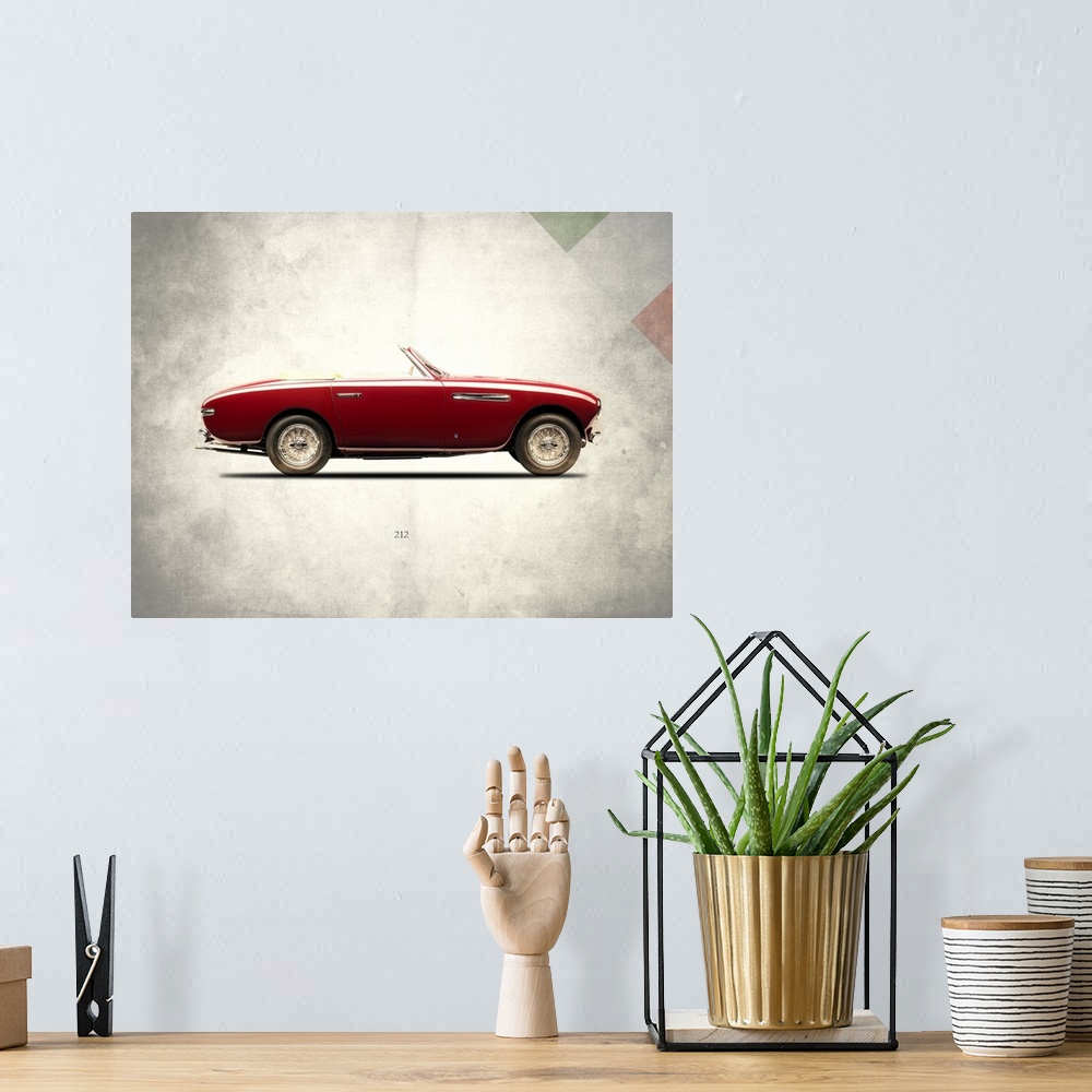 A bohemian room featuring Photograph of a red Ferrari 212 1951 printed on a distressed white and gray background with part ...