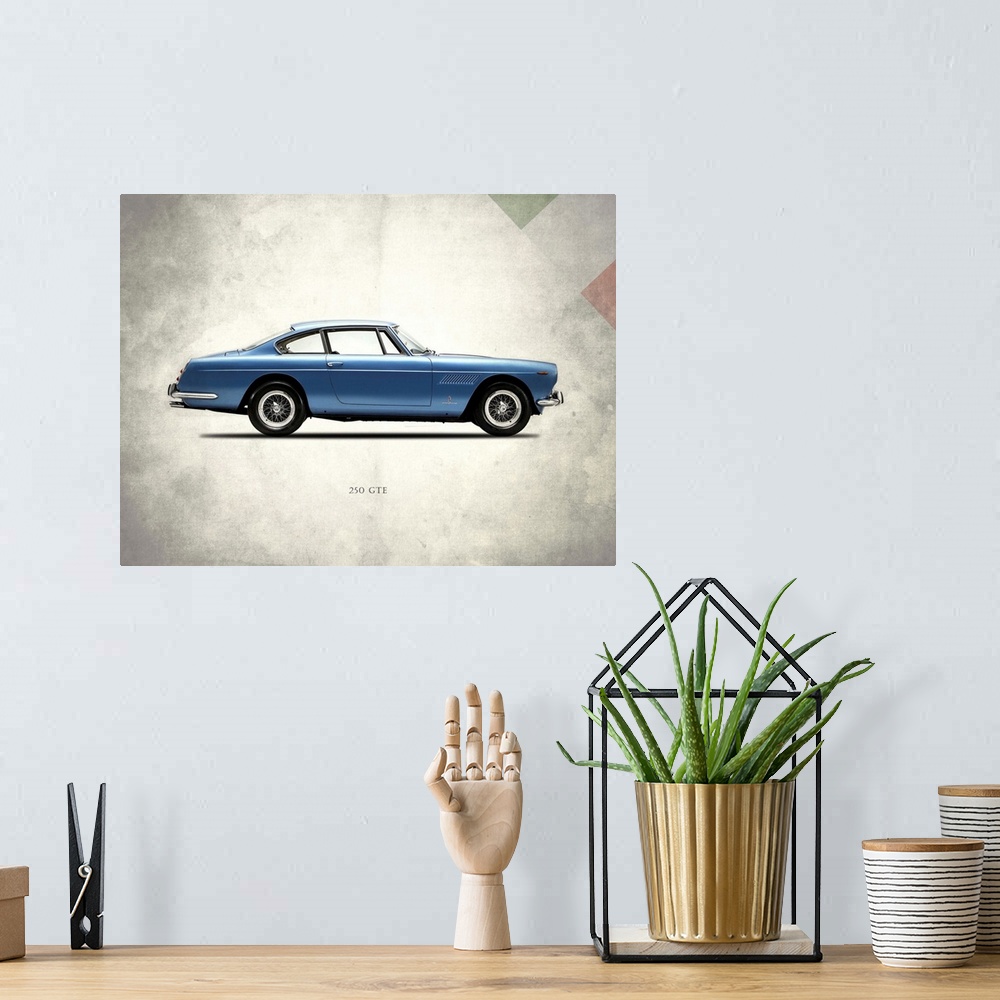 A bohemian room featuring Photograph of a blue Ferrari 250GTE 1962 printed on a distressed white and gray background with p...