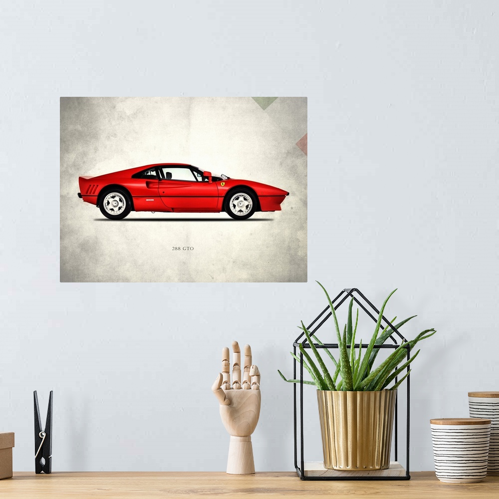 A bohemian room featuring Photograph of a red Ferrari 288 printed on a distressed white and gray background with part of th...