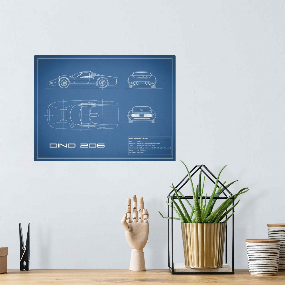 A bohemian room featuring Antique style blueprint diagram of a Ferrari Dino 206 1965 printed on a Blue background.