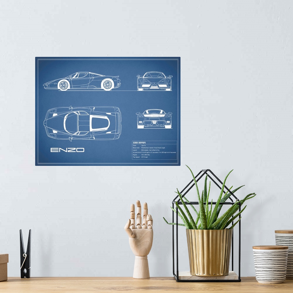 A bohemian room featuring Antique style blueprint diagram of a Ferrari Enzo printed on a Blue background.