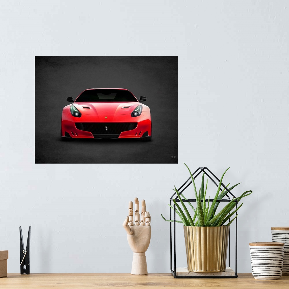 A bohemian room featuring Photograph of a red Ferrari FF printed on a black background with a dark vignette.