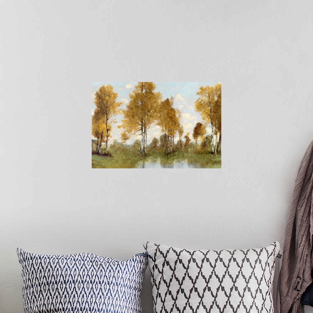 A bohemian room featuring A beautiful traditional style landscape painting of tall birch trees in autumn with golden foliage