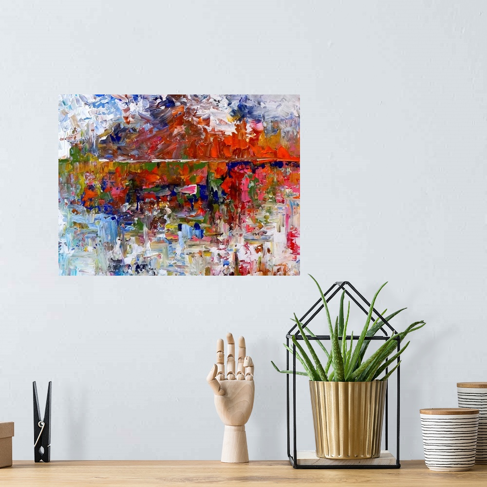 A bohemian room featuring Abstract landscape painting of a colorful horizon line created with small, layered brushstrokes.