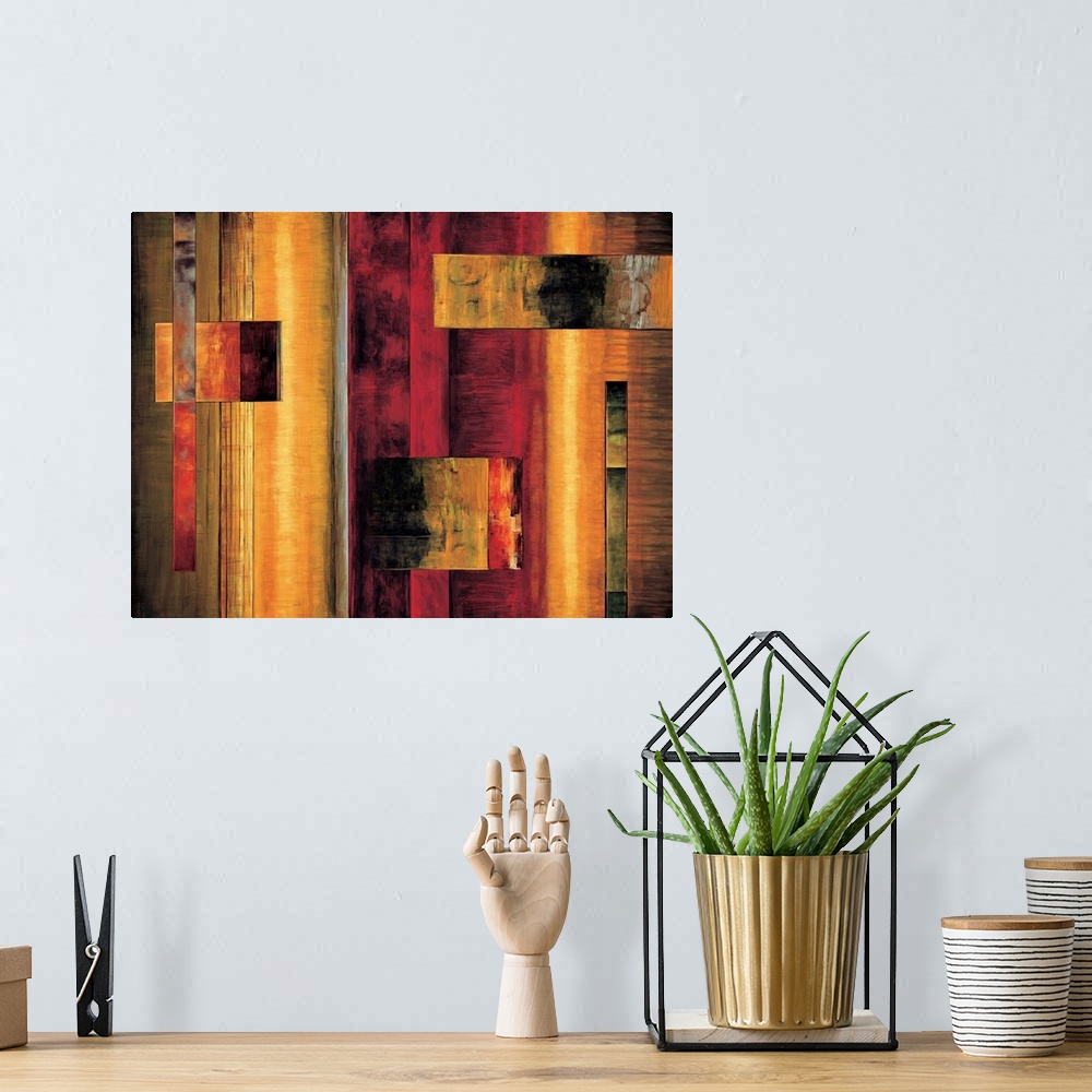 A bohemian room featuring Large abstract painting with non-uniformed vertical lined sections of color in the background and...