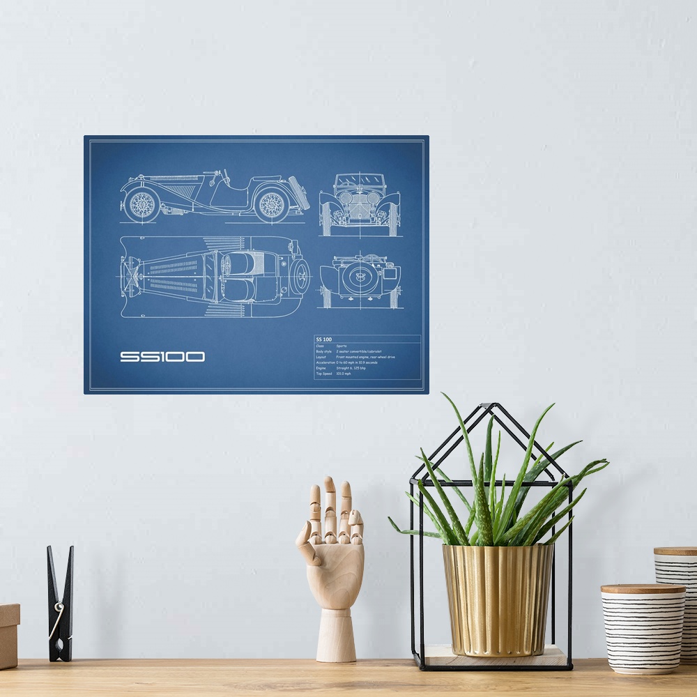 A bohemian room featuring Antique style blueprint diagram of a Jaguar SS 100 printed on a Blue background