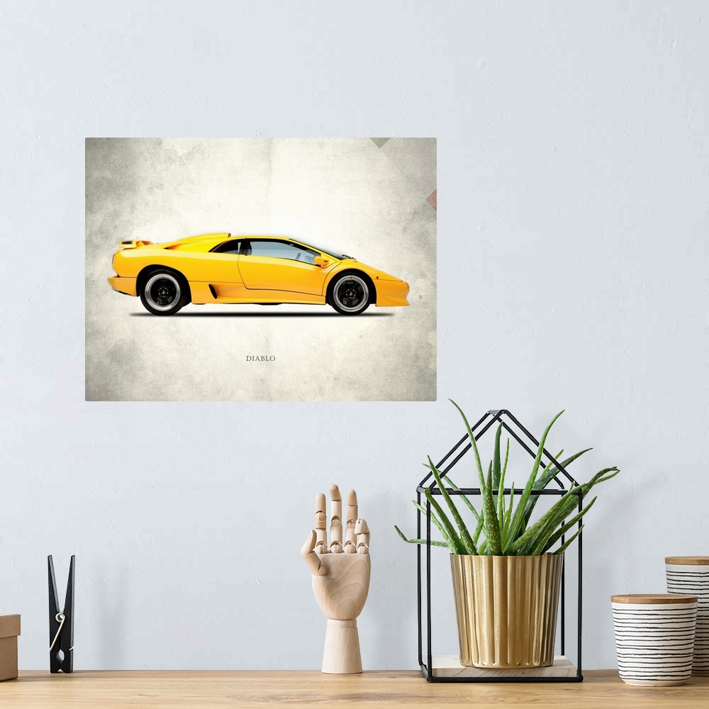 A bohemian room featuring Photograph of a yellow Lamborghini Diablo 1988 printed on a distressed white and gray background ...