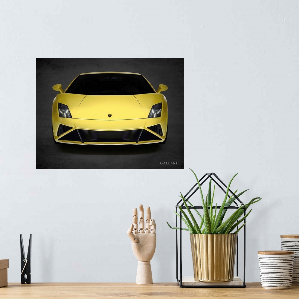 A bohemian room featuring Photograph of a yellow Lamborghini Gallardo LP-560 printed on a black background with a dark vign...