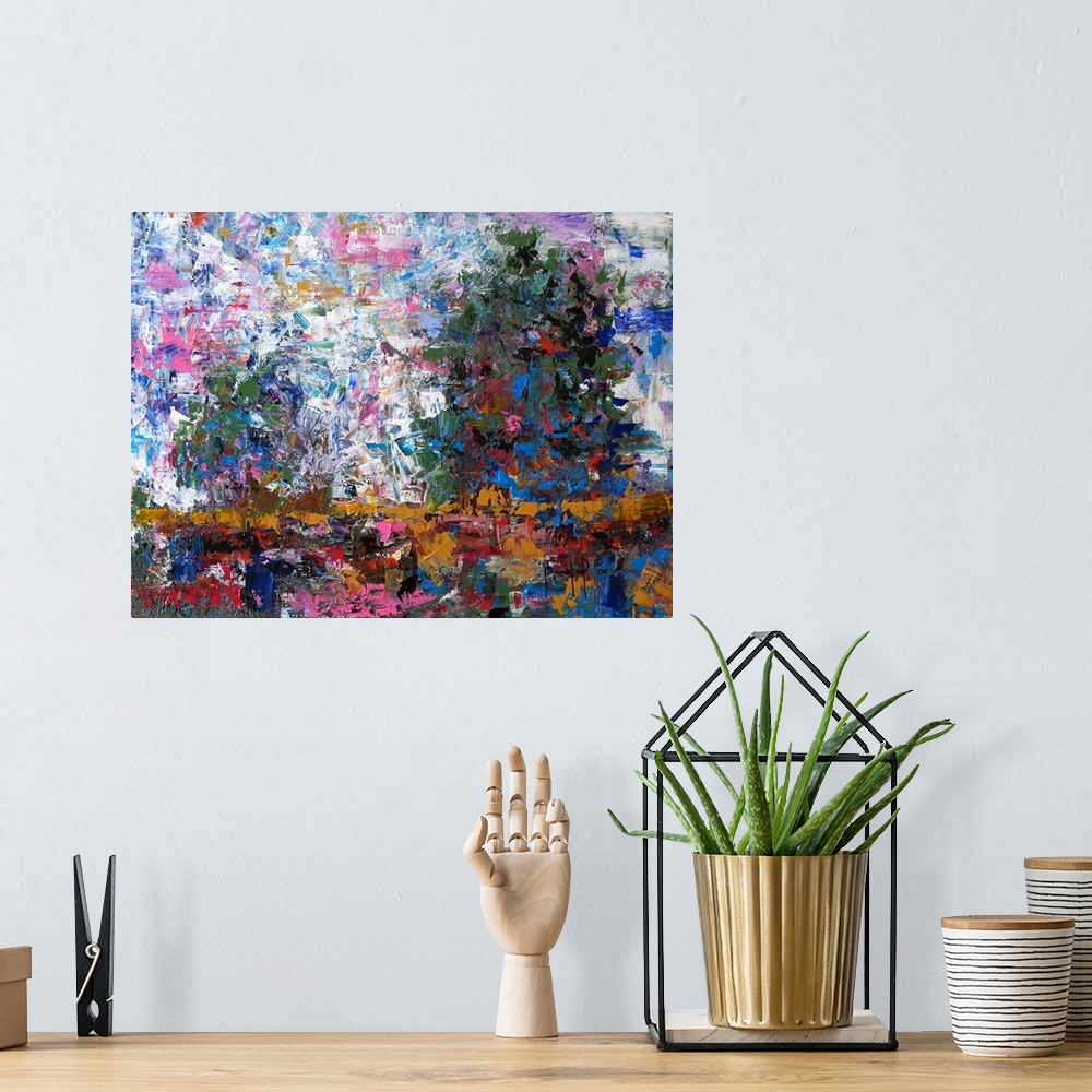 A bohemian room featuring Colorful abstract painting of a landscape with two trees, created with small, layered brushstroke...