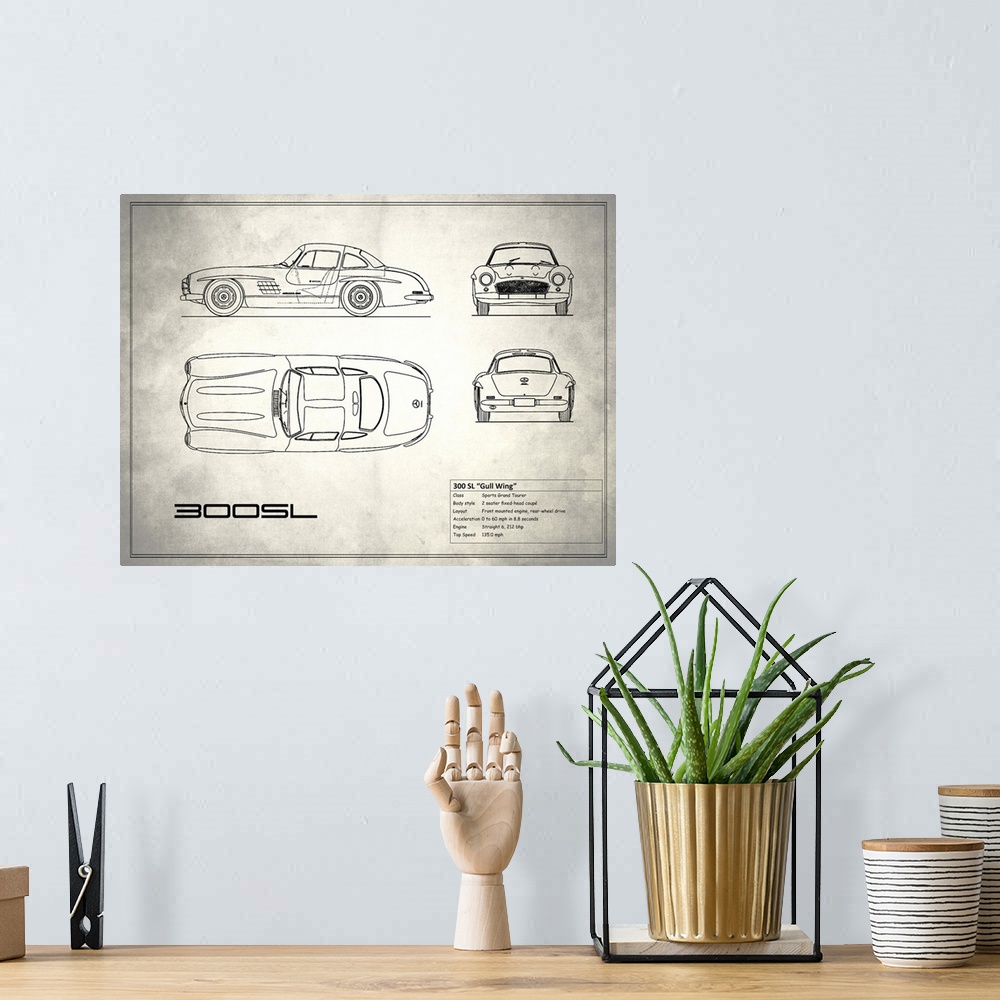 A bohemian room featuring Antique style blueprint diagram of a Mercedes 300SL Gullwing printed on a weathered white and gra...