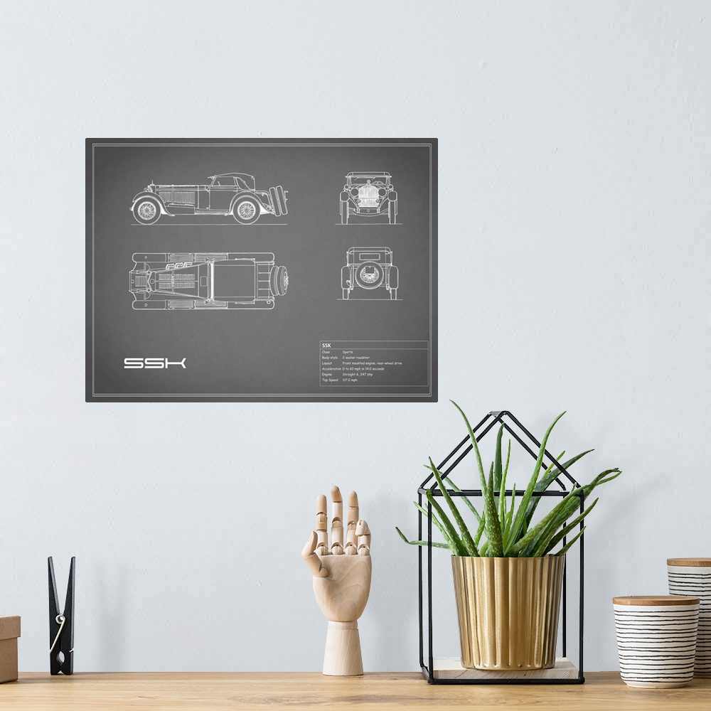 A bohemian room featuring Antique style blueprint diagram of a Mercedes SSK printed on a Grey background