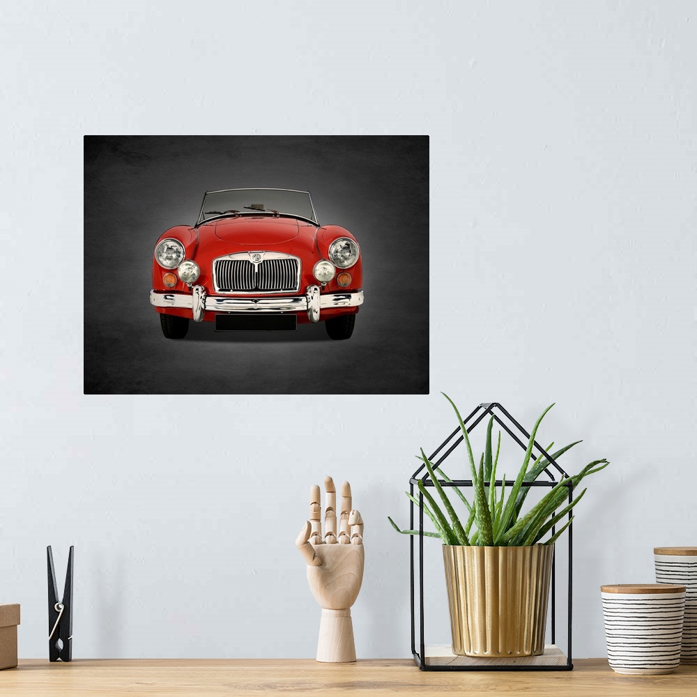 A bohemian room featuring Photograph of a red 1955 MG A 1500  printed on a black background with a dark vignette.