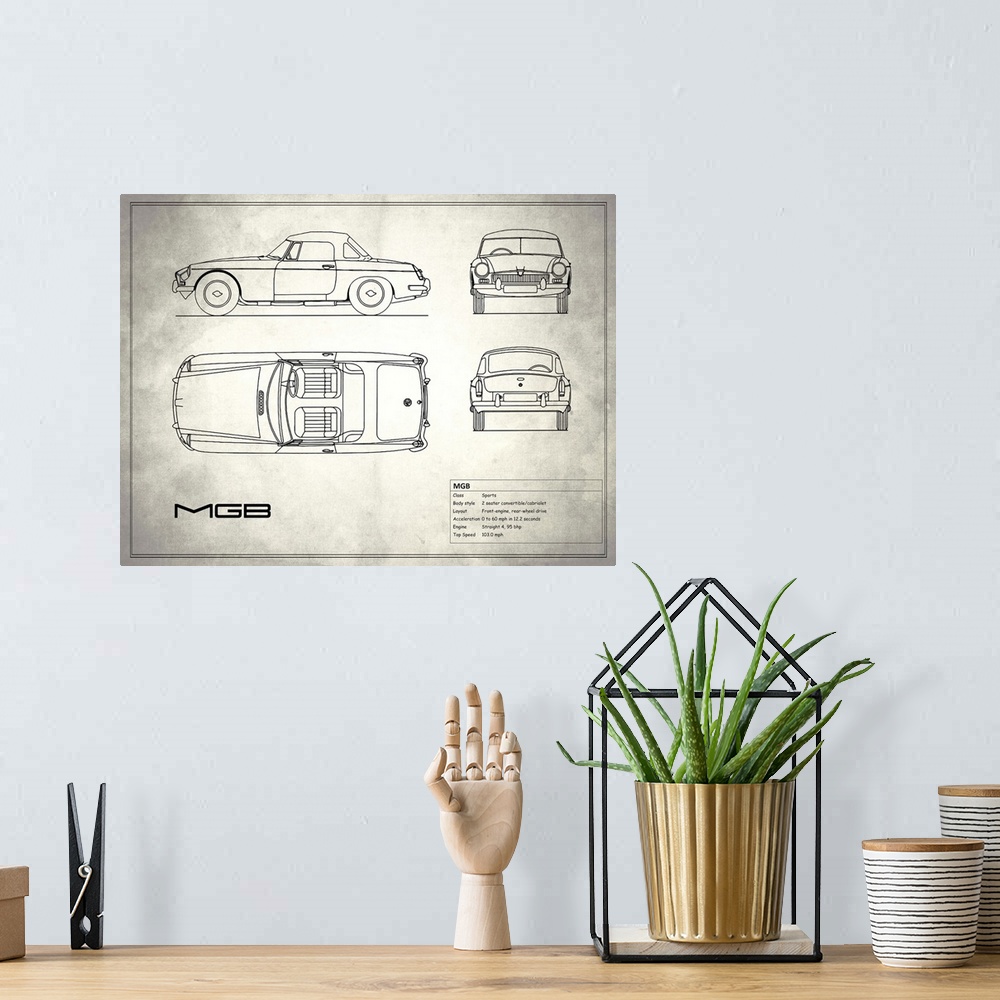 A bohemian room featuring Antique style blueprint diagram of a MG MGB printed on a weathered white and gray background.