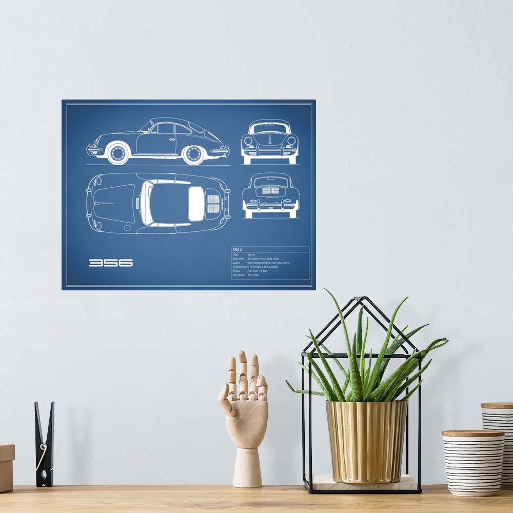 A bohemian room featuring Antique style blueprint diagram of a Porsche 356C printed on a Blue background