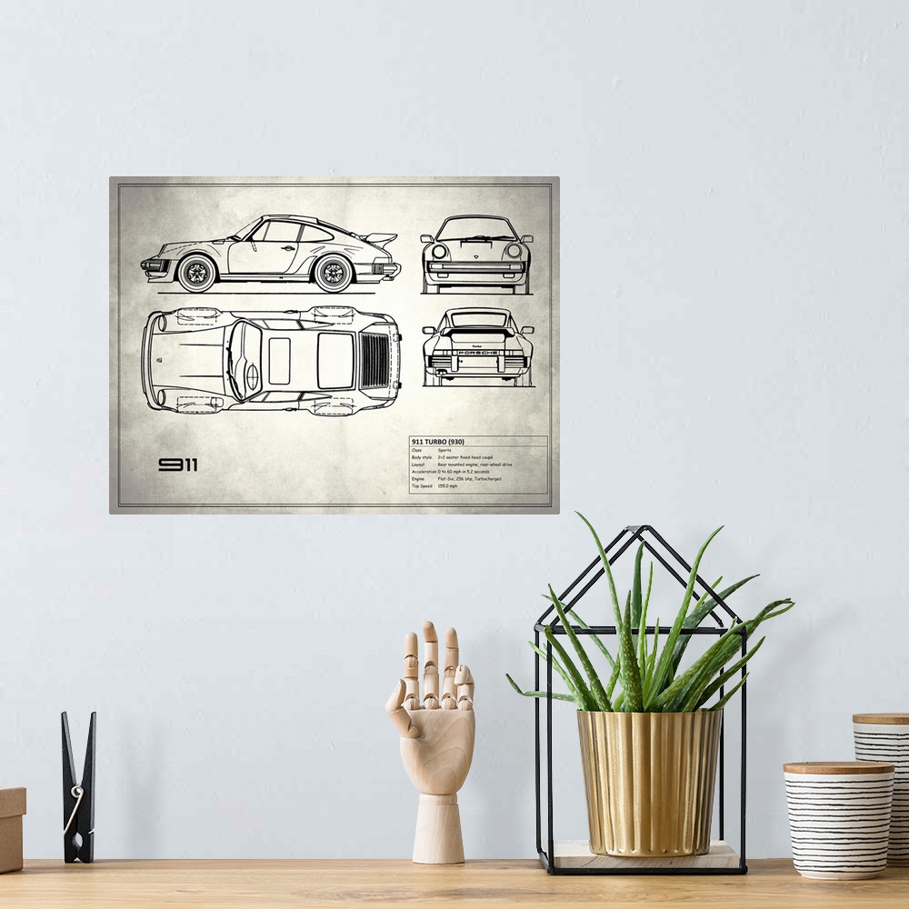 A bohemian room featuring Antique style blueprint diagram of a Porsche 911 Turbo 1977 printed on a weathered white and gray...