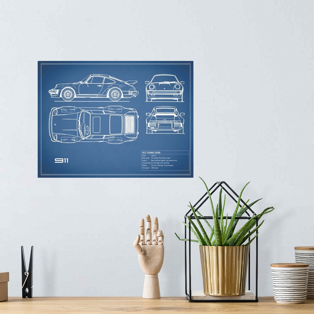 A bohemian room featuring Antique style blueprint diagram of a Porsche 911 Turbo 1977 printed on a  blue background