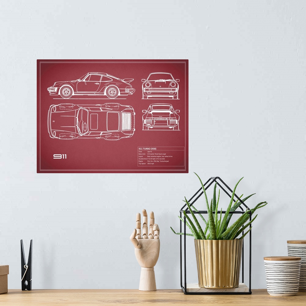 A bohemian room featuring Antique style blueprint diagram of a Porsche 911 Turbo 1977 printed on a red background