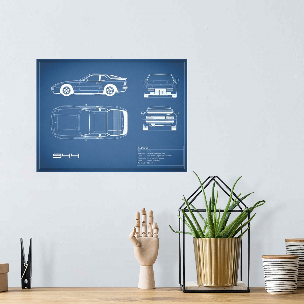A bohemian room featuring Antique style blueprint diagram of a Porsche 944 Turbo printed on a Blue background