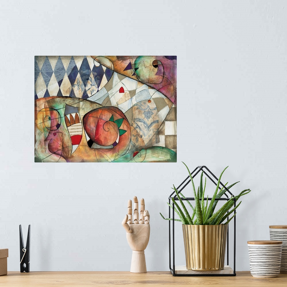 A bohemian room featuring Premiere II by Eric Waugh. A colorful square abstract painting of striking shapes against a check...