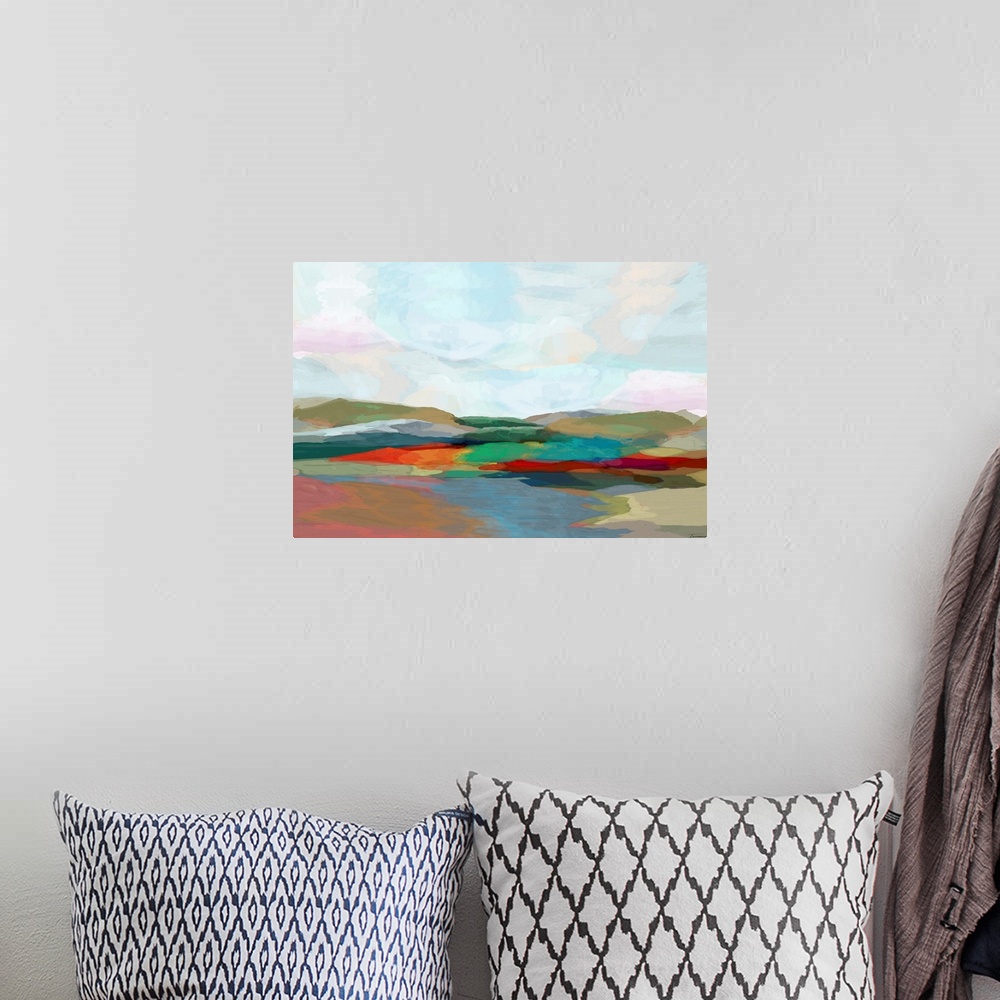 A bohemian room featuring Abstract landscape made with see-through layers of color.