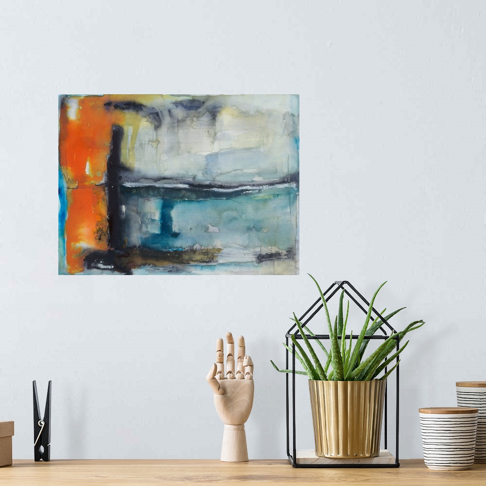 A bohemian room featuring Abstract painting made with orange, yellow, gray, and shades of blue.