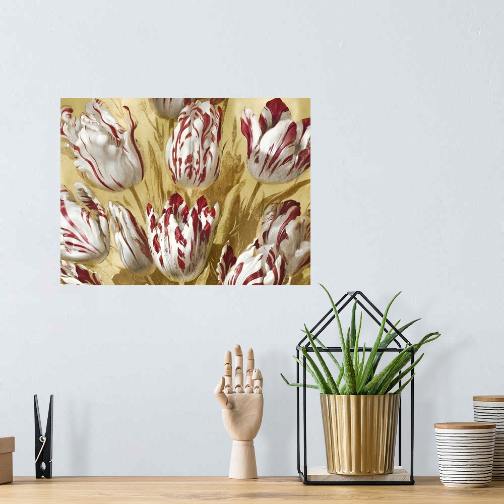 A bohemian room featuring This romantic artwork features a tulip bouquet of white flowers with red accents against a gold b...