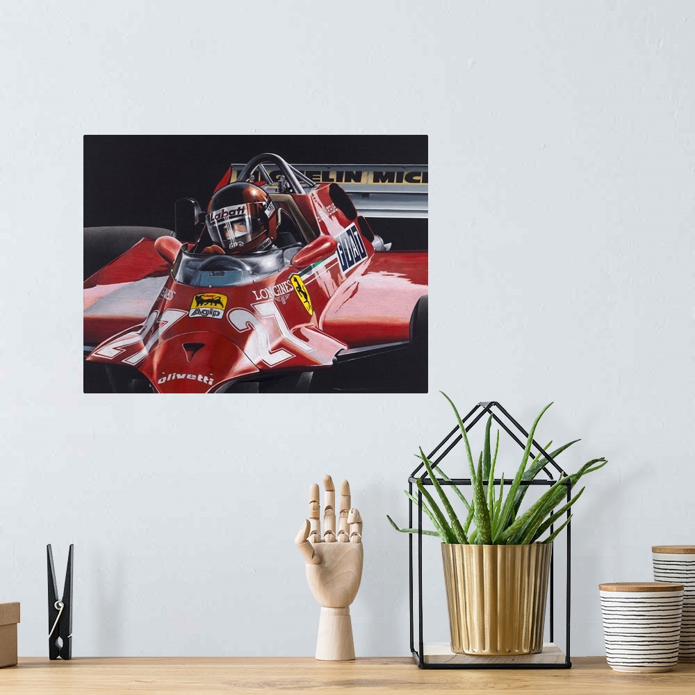 A bohemian room featuring Illustration of a red Formula One car with a driver.