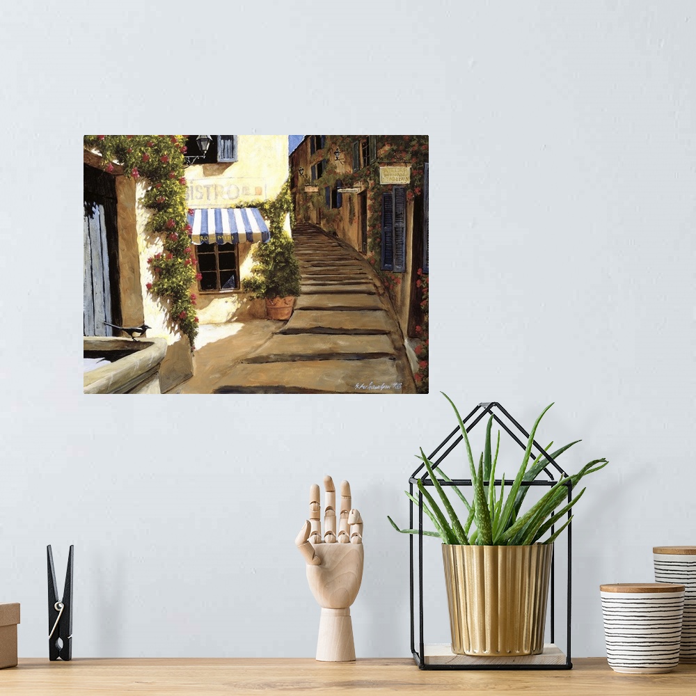 A bohemian room featuring Painting of stone steps near a bistro in a European village.