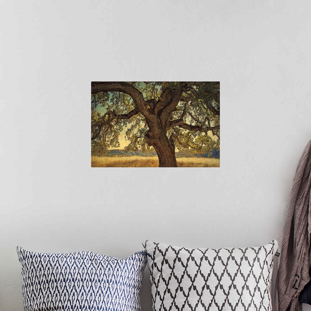 A bohemian room featuring A horizontal photograph of a large, twisted oak tree surrounded by a golden field.