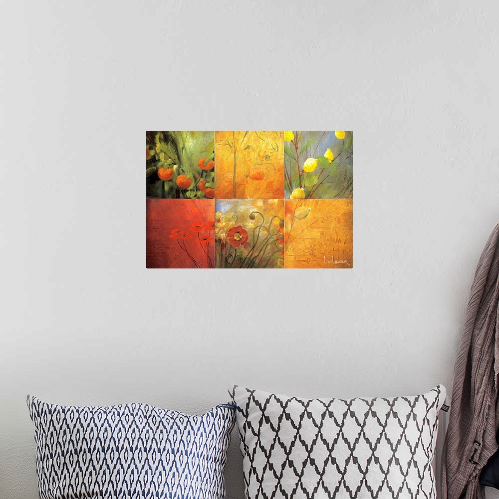 A bohemian room featuring Artwork of flowers and fruit in a six square grid design.