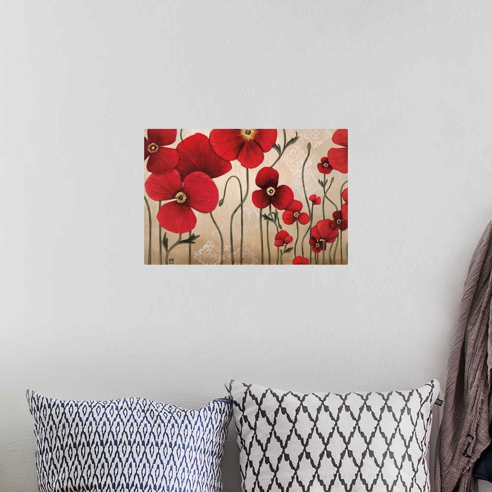 A bohemian room featuring Contemporary painting of a group of red flowers with textured petals against a neutral backdrop w...