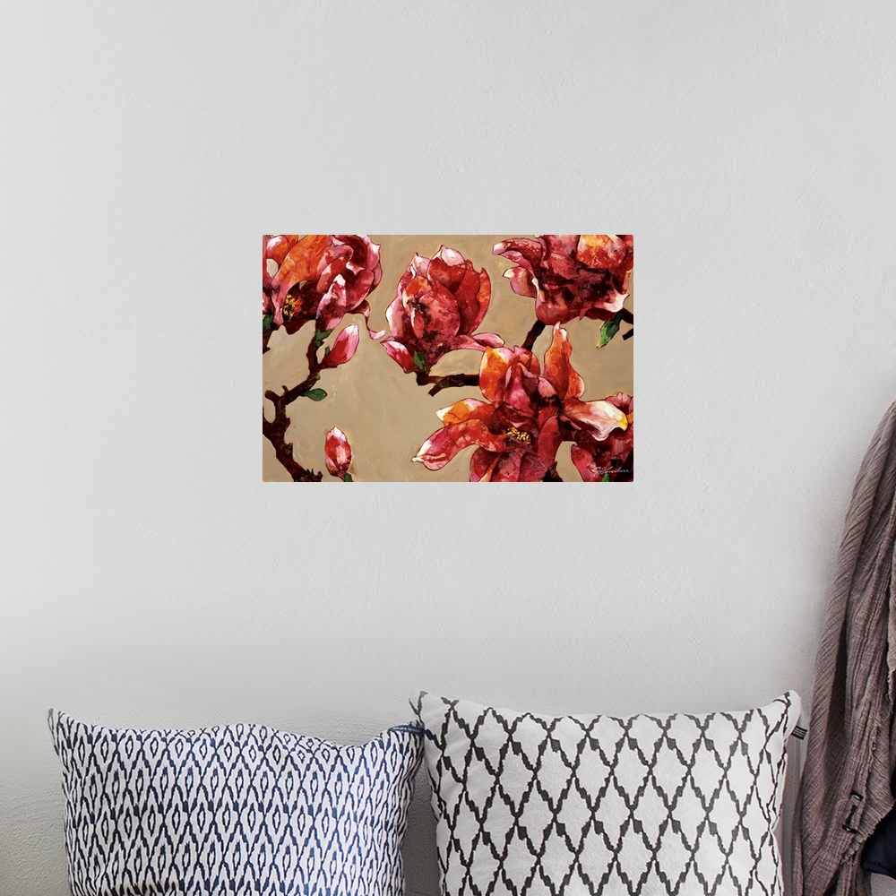A bohemian room featuring Contemporary painting of a group of red magnolias against a neutral backdrop.