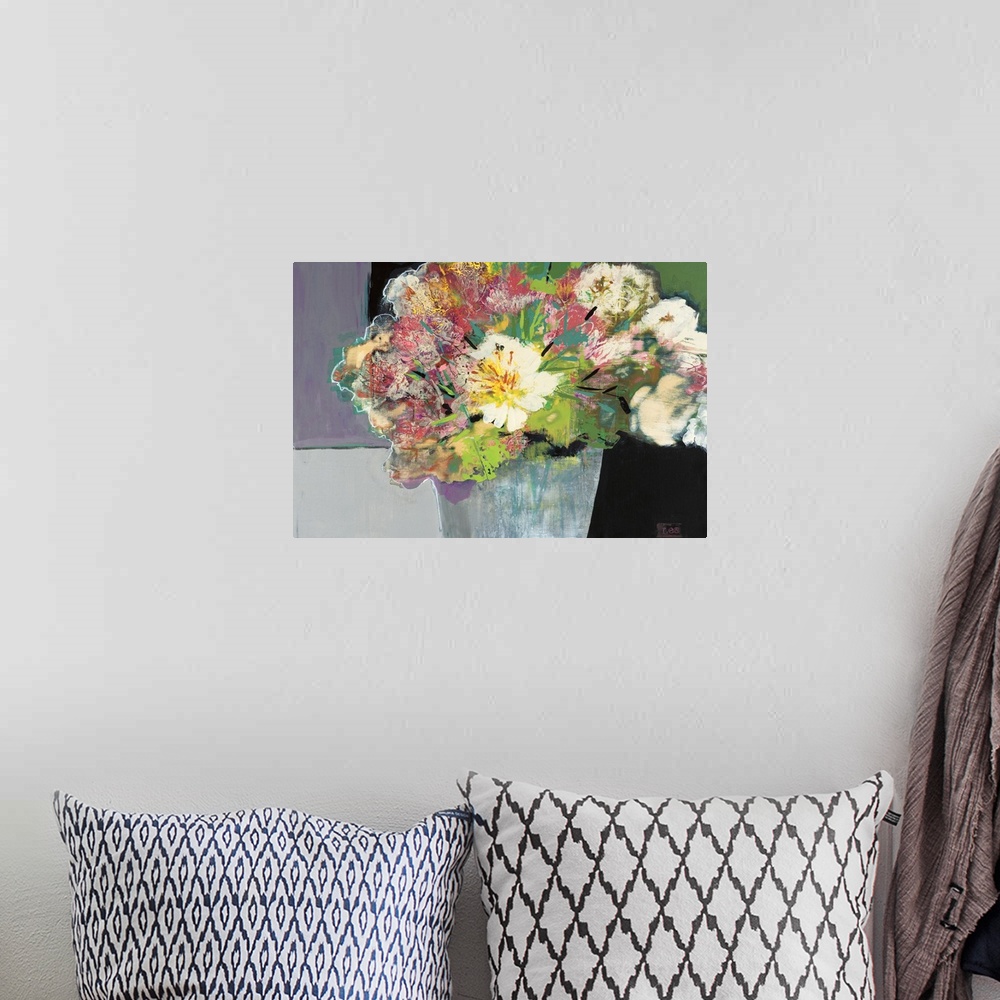 A bohemian room featuring A modern abstract painting of a bouquet of multi-colored flowers in a gray vase.