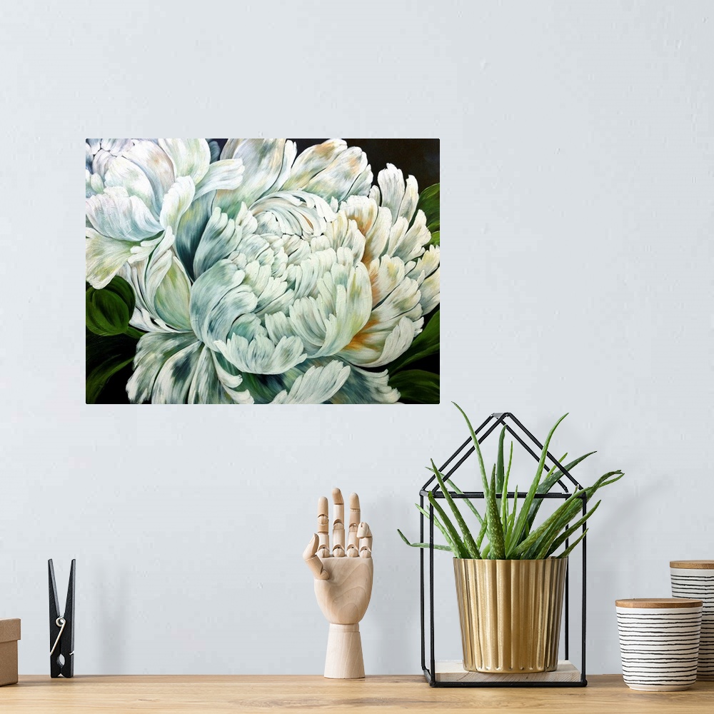 A bohemian room featuring A contemporary floral painting of a large white blooming flower with hints of gray and brown on t...