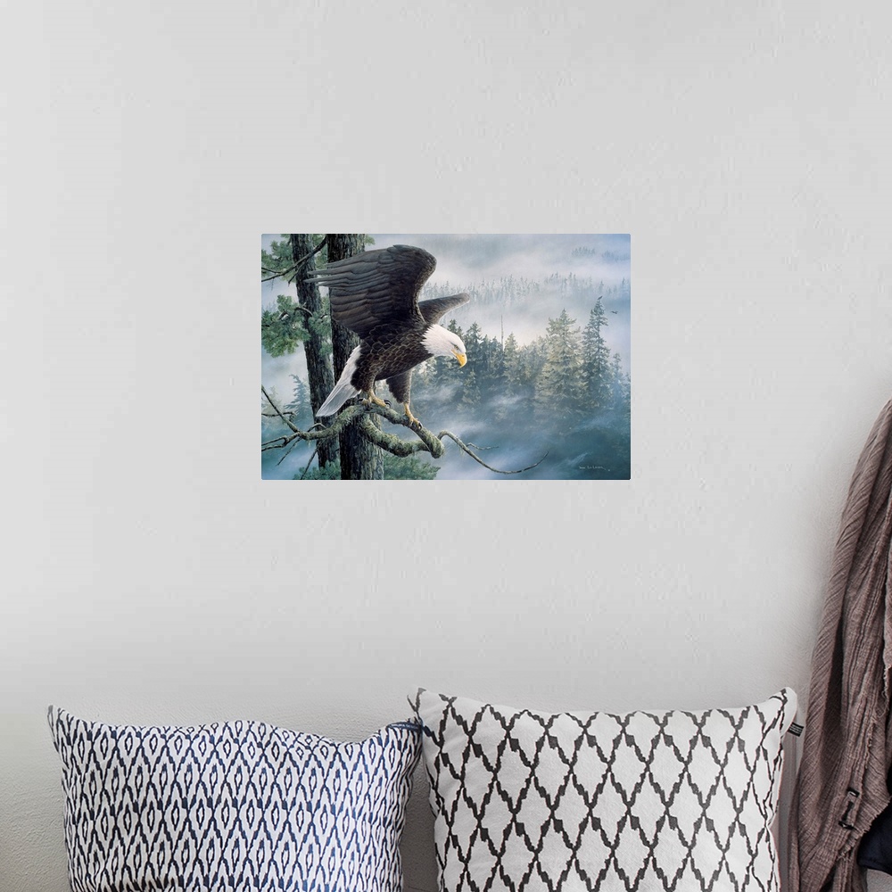 A bohemian room featuring A contemporary painting of a bald eagle perched on a branch, getting ready to take flight, with a...