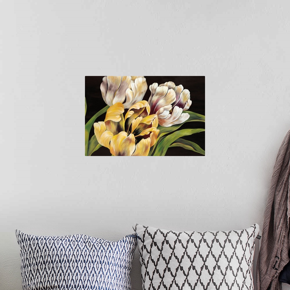 A bohemian room featuring Contemporary painting of a group of white and yellow tulips against a neutral backdrop.