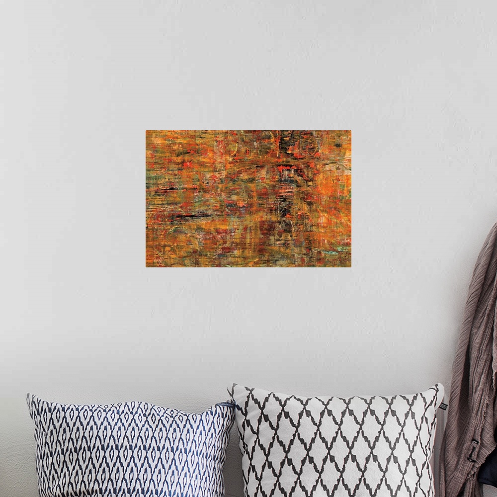 A bohemian room featuring A abstract painting of texture paint in tones of orange, red, blue and black.