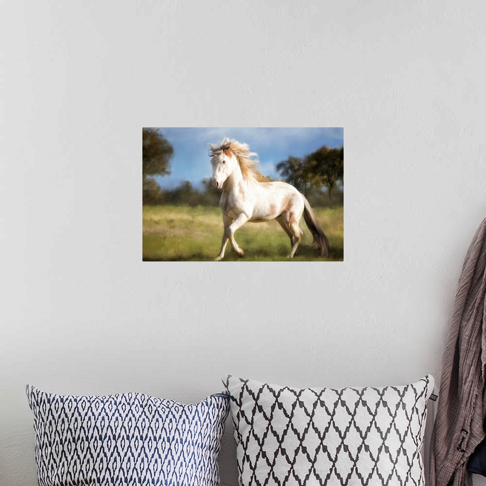 A bohemian room featuring An image of a white horse trotting through a grassy field.