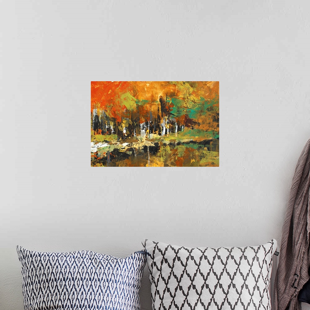 A bohemian room featuring Abstract landscape  of color fall trees reflected in a pond.