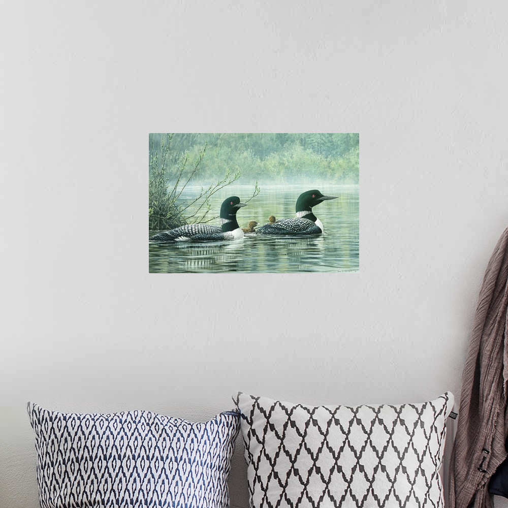 A bohemian room featuring A contemporary painting of a pair of loons with chicks in a pond with trees in the background.