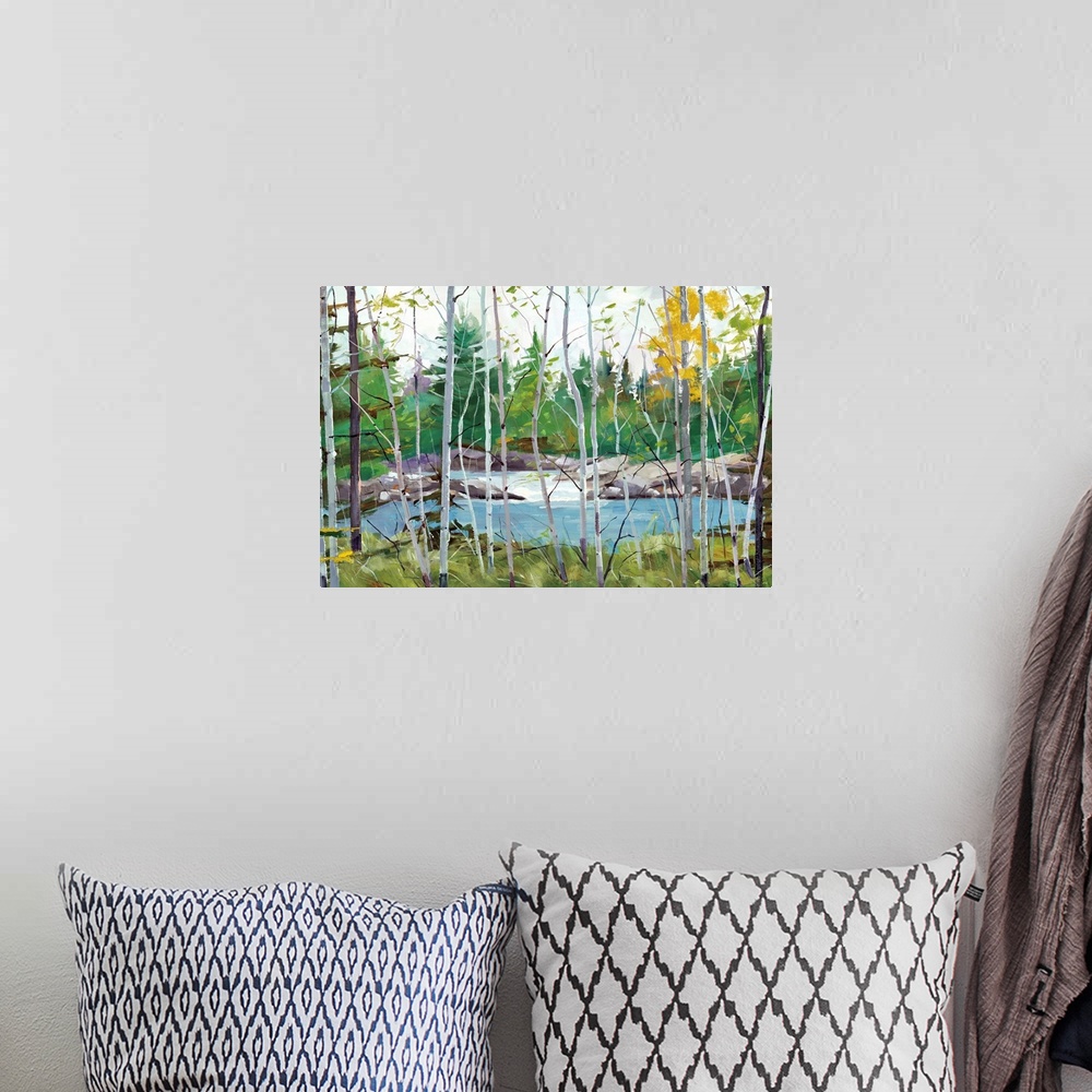 A bohemian room featuring Contemporary painting of a rocky river with bare trees in the foreground and a forest full of gre...