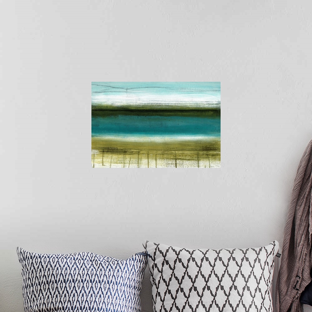 A bohemian room featuring A modern abstract landscape of a beach scene in bold brush strokes of  gray, green and blue.