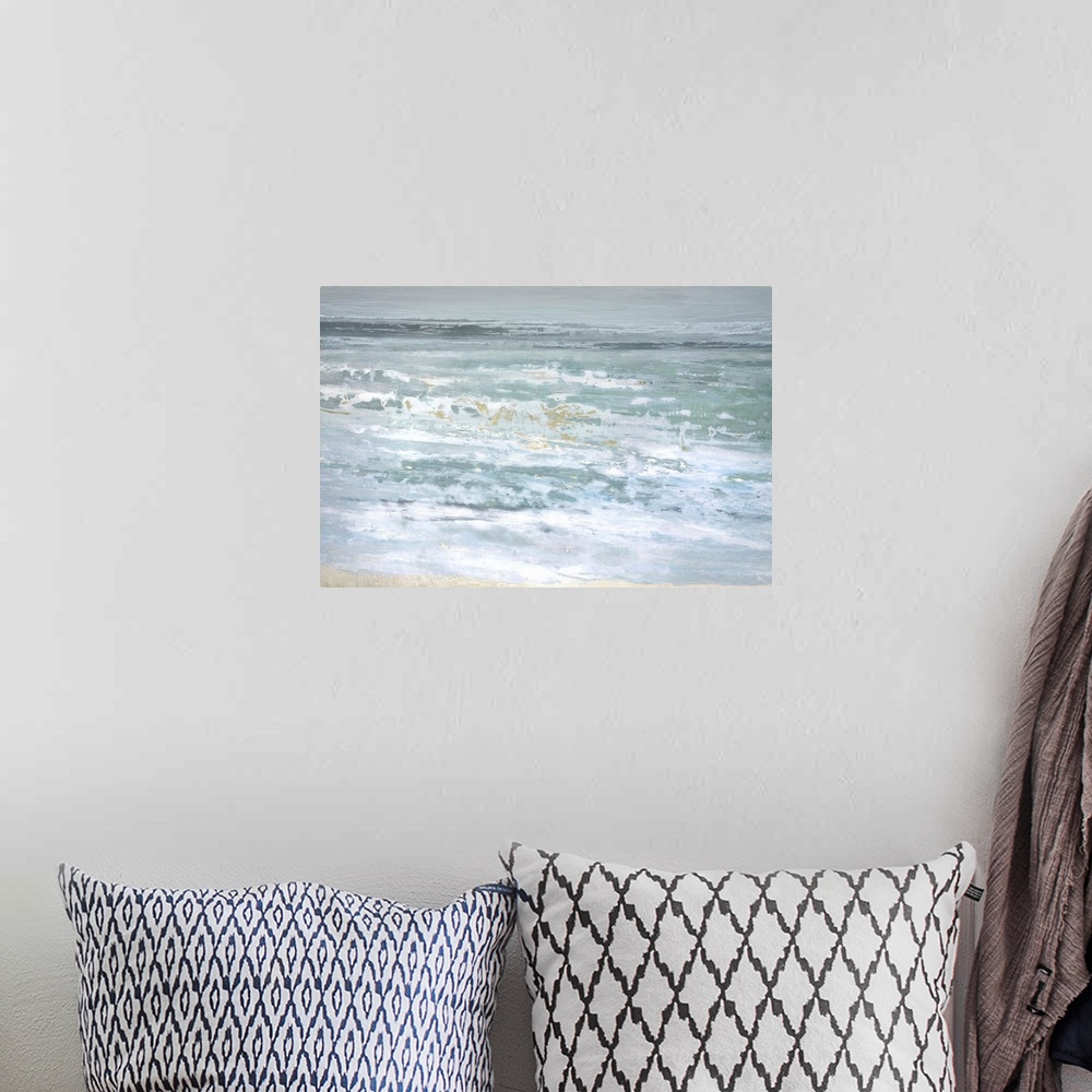 A bohemian room featuring A modern abstract landscape of a beach scene in bold brush strokes of white, gray and teal.