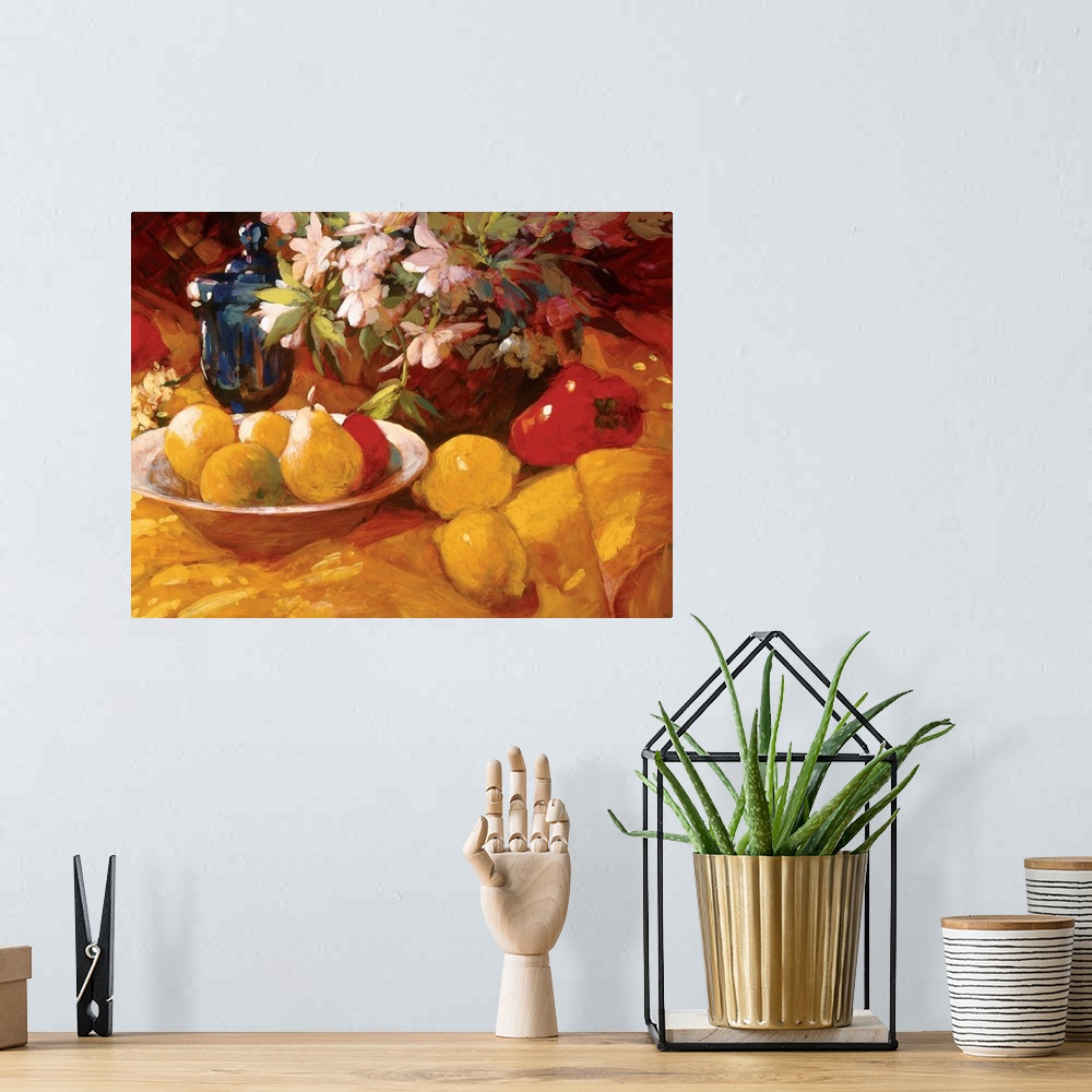 A bohemian room featuring A contemporary still life of a vase of flowers with a bowl of lemons and pears on a table.