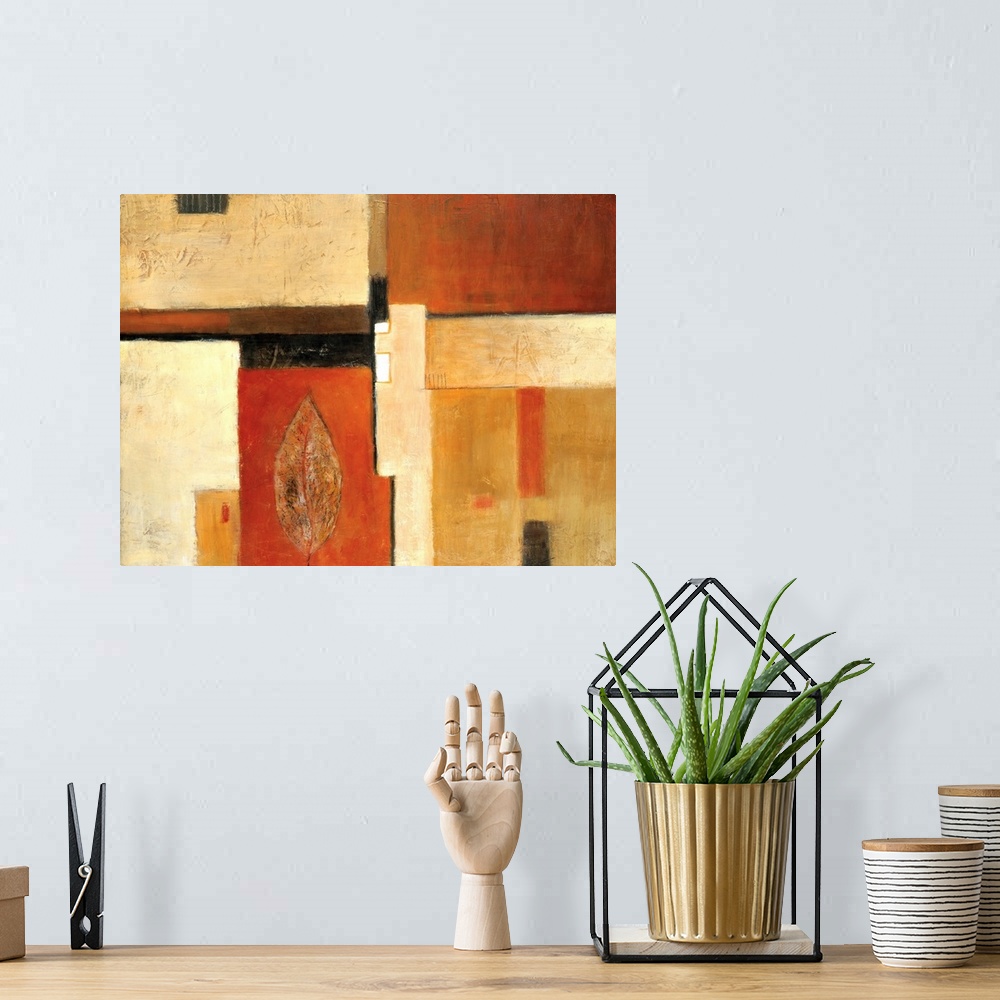 A bohemian room featuring Abstract painting of squared shapes overlapped with a leaf design, all done in earth tones.