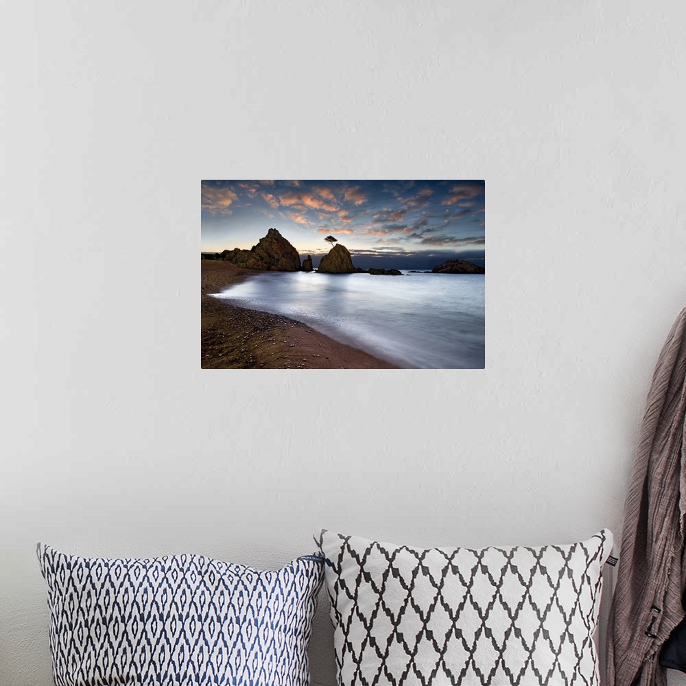 A bohemian room featuring Photograph of large rocks along a calm seashore with a single tree on top of one of the rocks.