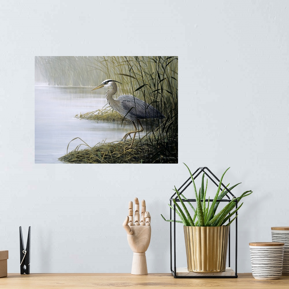 A bohemian room featuring Painting of a large gray bird walking along the marsh in tall grass.