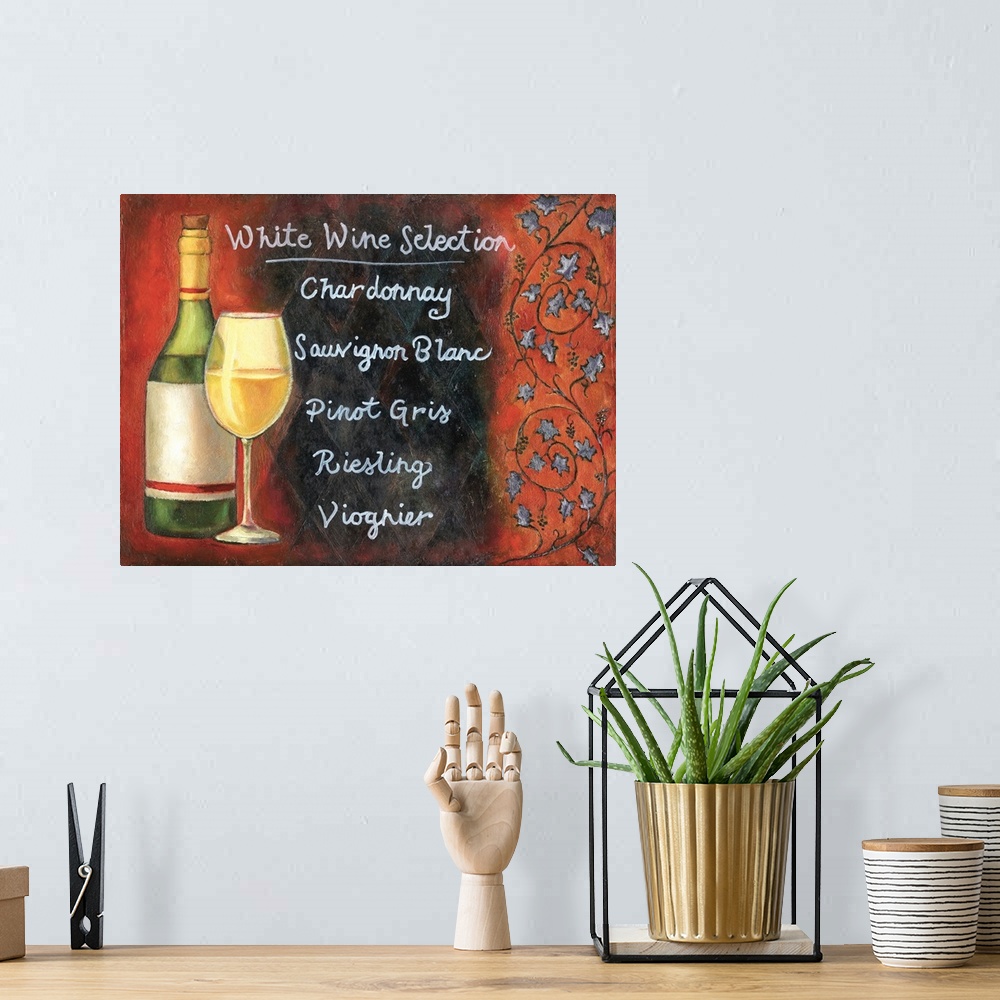 A bohemian room featuring A list of white wine options next to a wine glass and bottle with a red background.