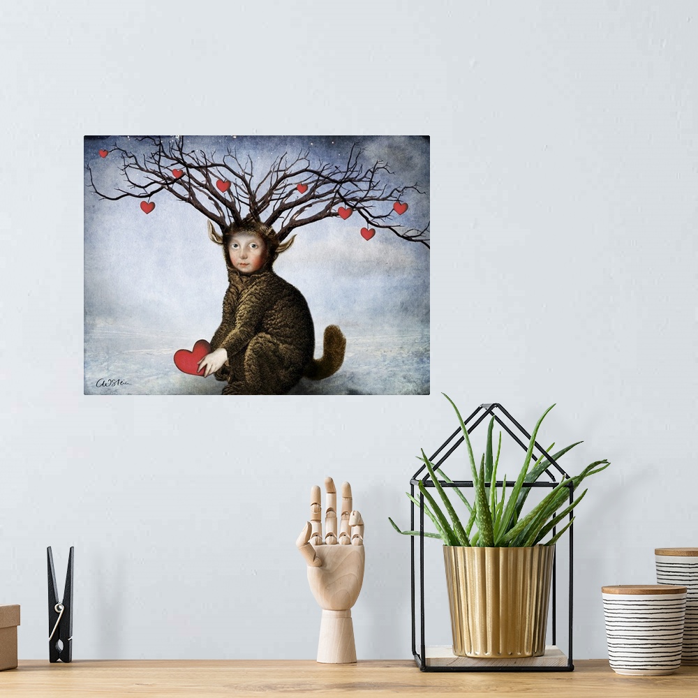 A bohemian room featuring A horizontal composite of a tree with hearts deriving out of a mythical creature.